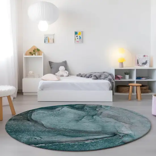 8' Round Teal Round Abstract Washable Non Skid Indoor Outdoor Area Rug Photo 9