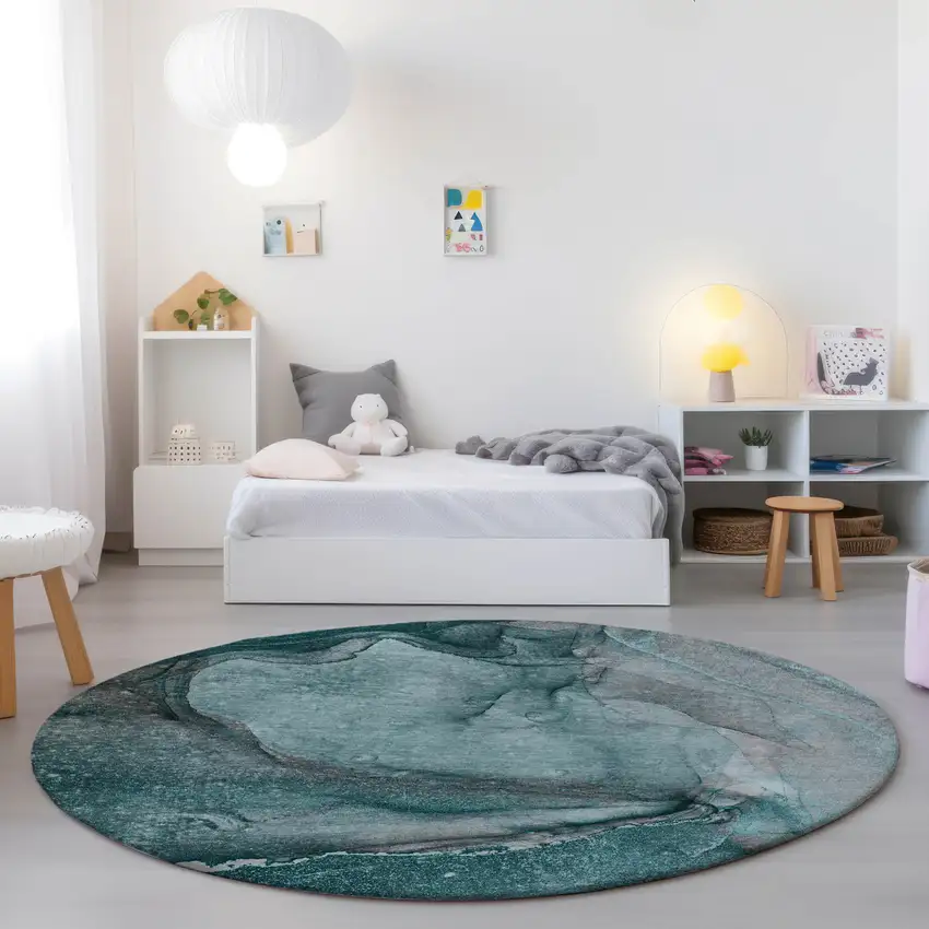 8' Round Teal Round Abstract Washable Non Skid Indoor Outdoor Area Rug Photo 9
