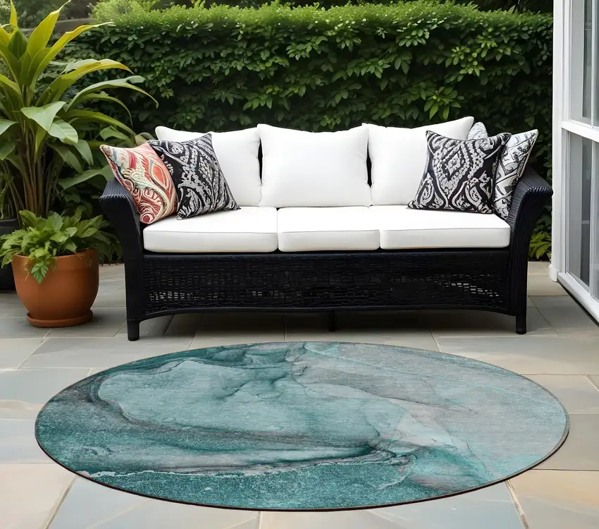 Teal Round Abstract Washable Non Skid Indoor Outdoor Area Rug Photo 1