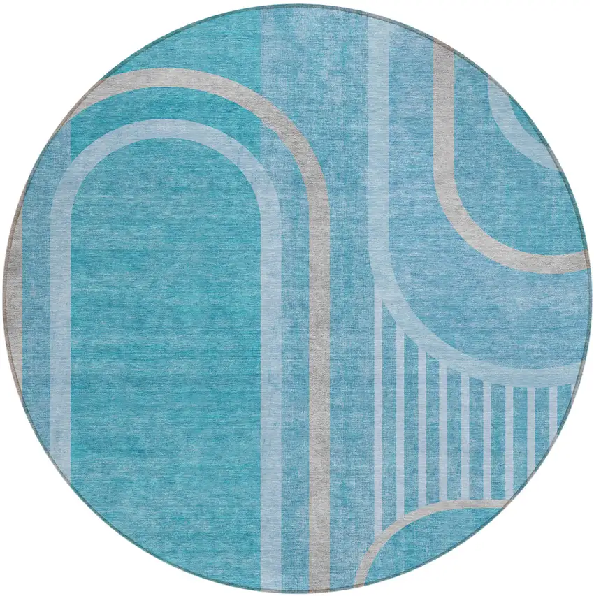 8' Round Teal Round Abstract Washable Non Skid Indoor Outdoor Area Rug Photo 1