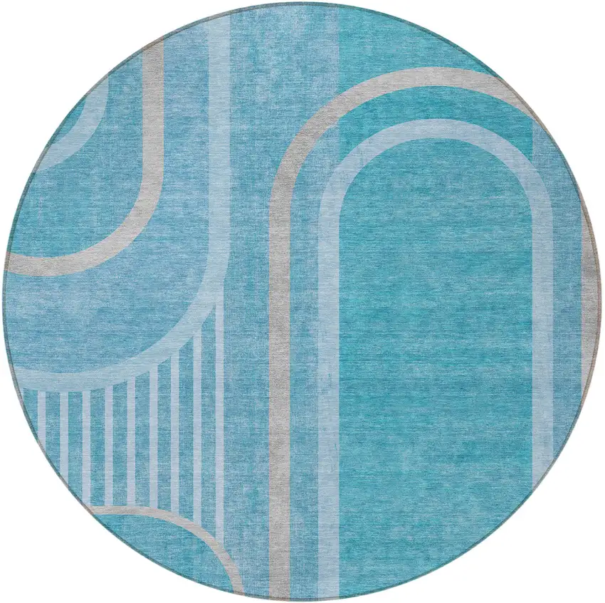 8' Round Teal Round Abstract Washable Non Skid Indoor Outdoor Area Rug Photo 2