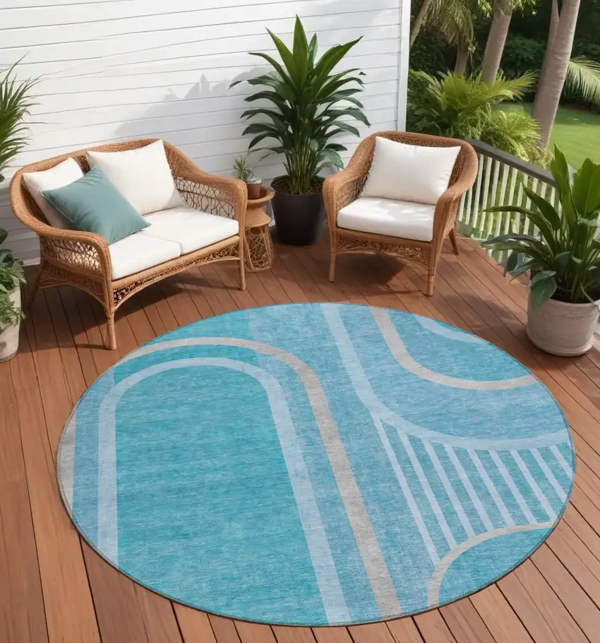 Teal Round Abstract Washable Indoor Outdoor Area Rug Photo 1