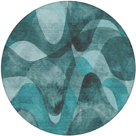 Teal Round Abstract Washable Non Skid Indoor Outdoor Area Rug Photo 2