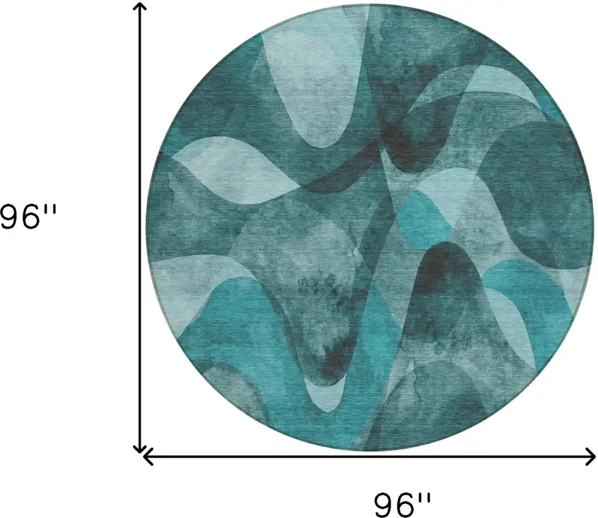 8' Round Teal Round Abstract Washable Non Skid Indoor Outdoor Area Rug Photo 3