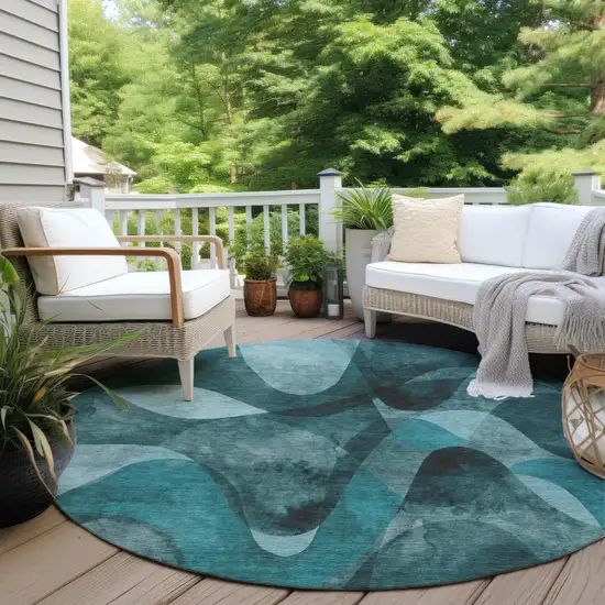 Teal Round Abstract Washable Non Skid Indoor Outdoor Area Rug Photo 8