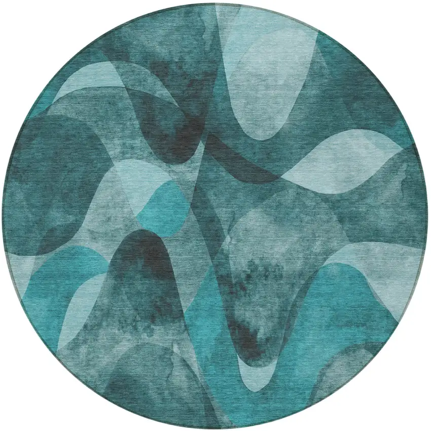 Teal Round Abstract Washable Non Skid Indoor Outdoor Area Rug Photo 5