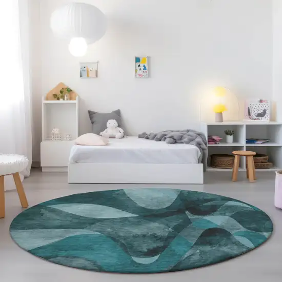 Teal Round Abstract Washable Non Skid Indoor Outdoor Area Rug Photo 9