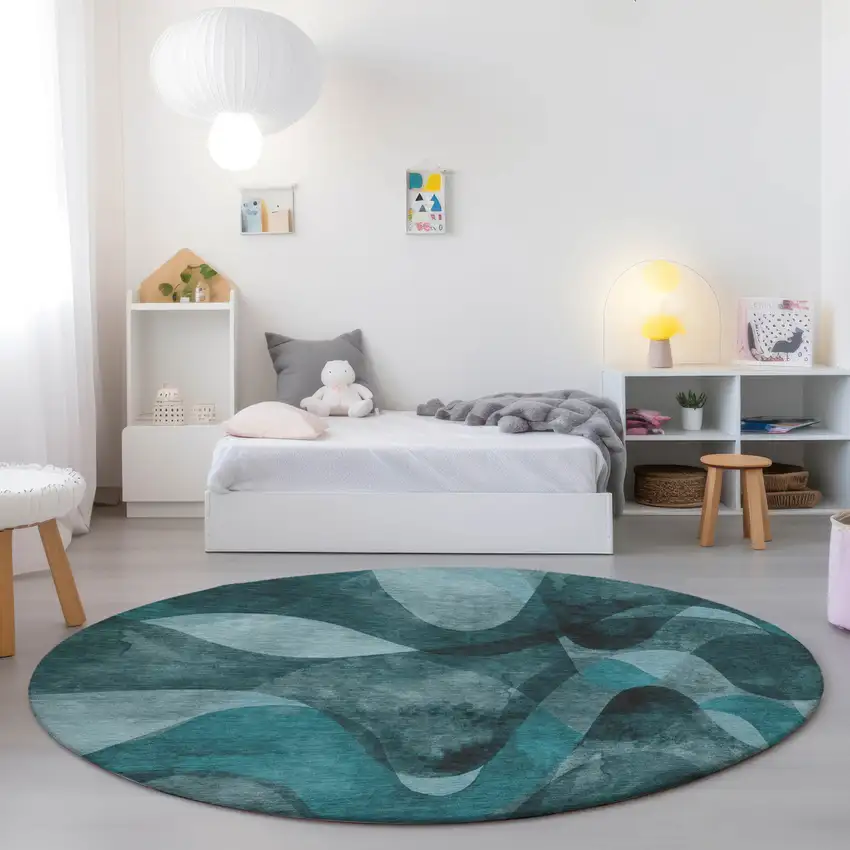 Teal Round Abstract Washable Non Skid Indoor Outdoor Area Rug Photo 9