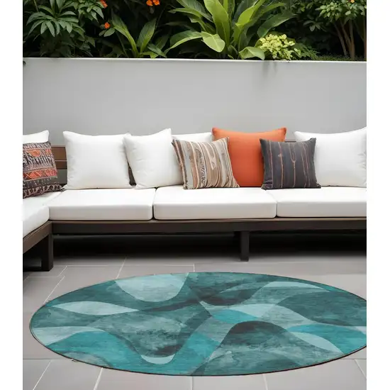 Teal Round Abstract Washable Non Skid Indoor Outdoor Area Rug Photo 1