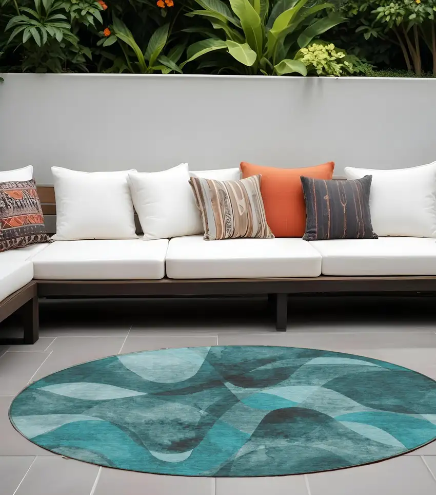 Teal Round Abstract Washable Non Skid Indoor Outdoor Area Rug Photo 1