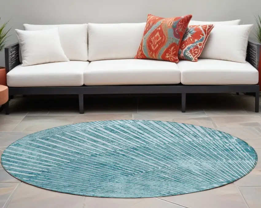 8' Round Teal Round Abstract Washable Non Skid Indoor Outdoor Area Rug Photo 1