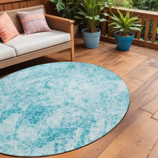 Teal Round Abstract Washable Non Skid Indoor Outdoor Area Rug Photo 1