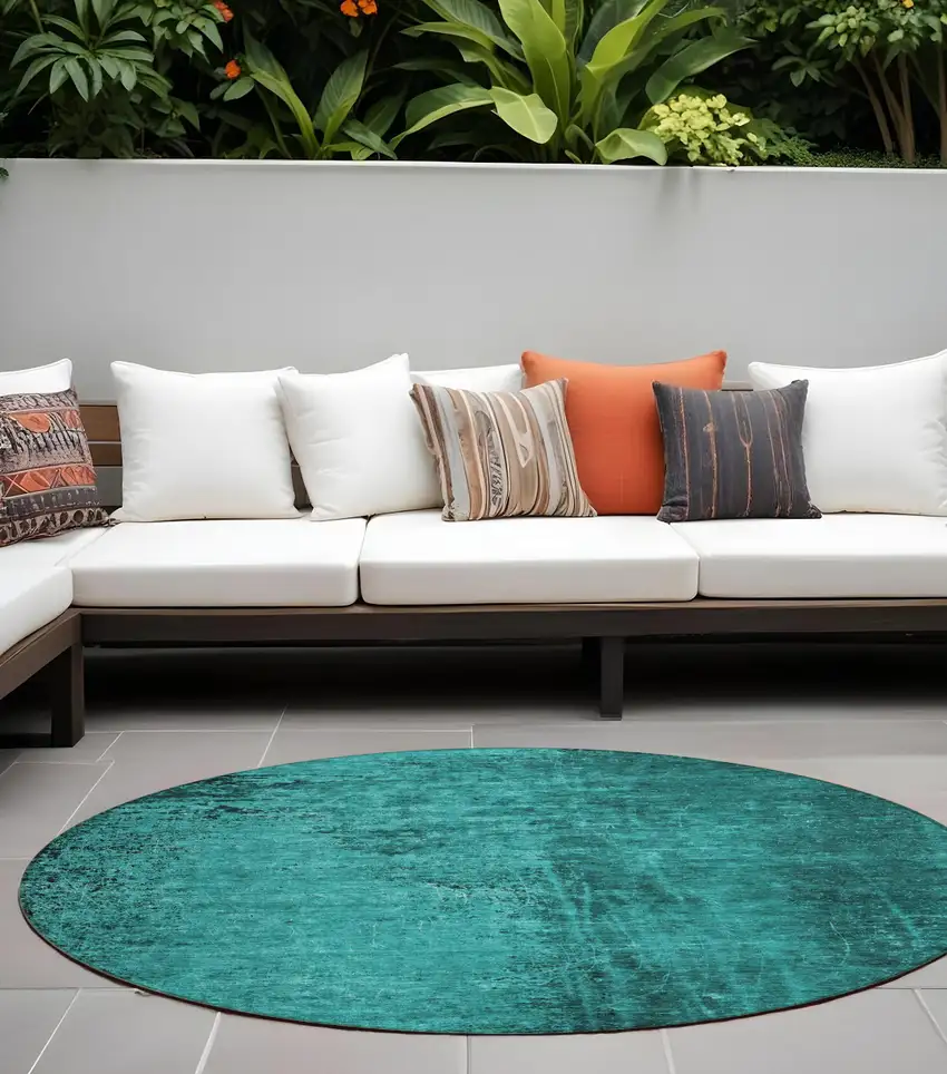 Teal Round Abstract Washable Non Skid Indoor Outdoor Area Rug Photo 1