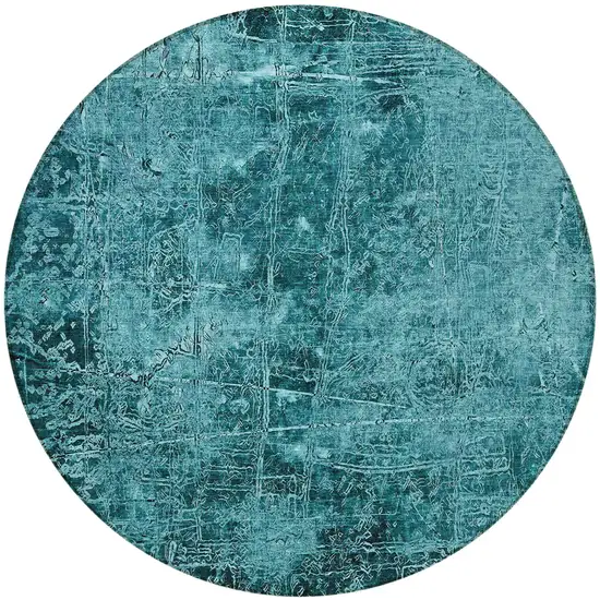 8' Round Teal Round Abstract Washable Non Skid Indoor Outdoor Area Rug Photo 5