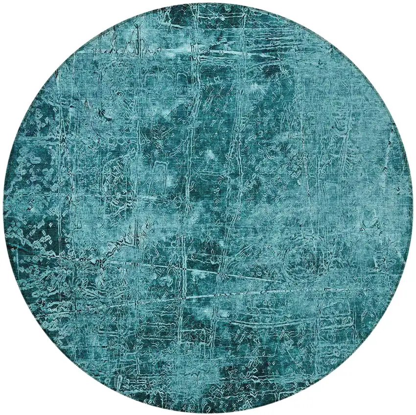 8' Round Teal Round Abstract Washable Non Skid Indoor Outdoor Area Rug Photo 5