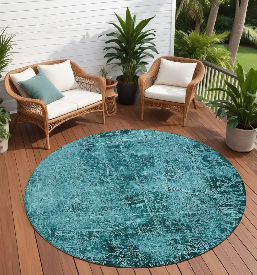 8' Round Teal Round Abstract Washable Non Skid Indoor Outdoor Area Rug Photo 1