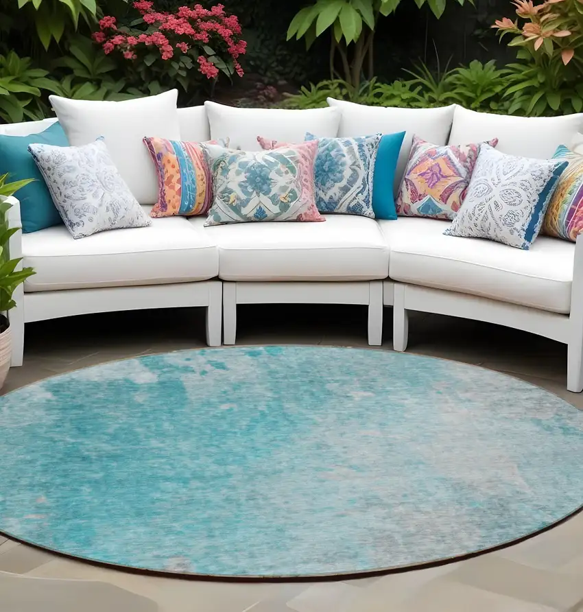 Teal Round Abstract Washable Non Skid Indoor Outdoor Area Rug Photo 1