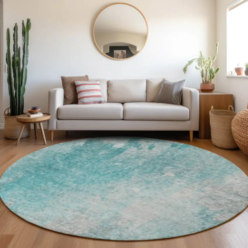 Teal Round Abstract Washable Non Skid Indoor Outdoor Area Rug Photo 9