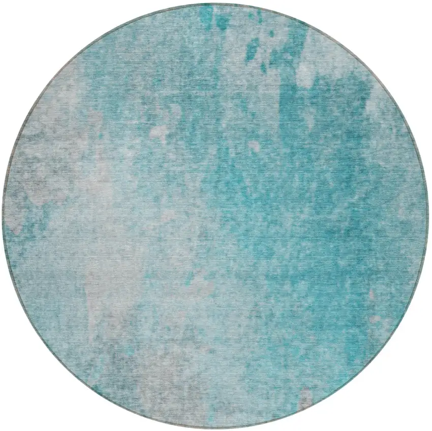 8' Round Teal Round Abstract Washable Non Skid Indoor Outdoor Area Rug Photo 5