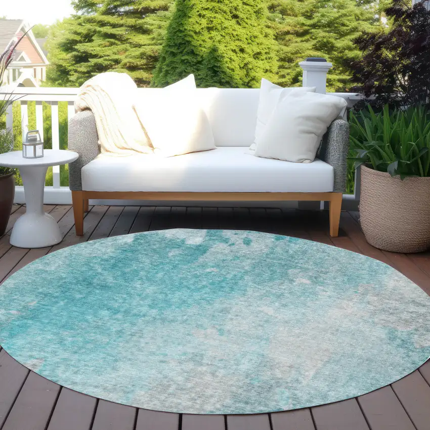 Teal Round Abstract Washable Non Skid Indoor Outdoor Area Rug Photo 8
