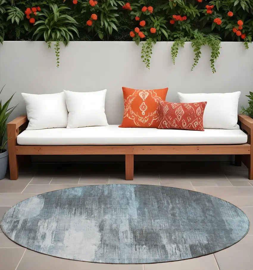 8' Round Teal Round Abstract Washable Non Skid Indoor Outdoor Area Rug Photo 1