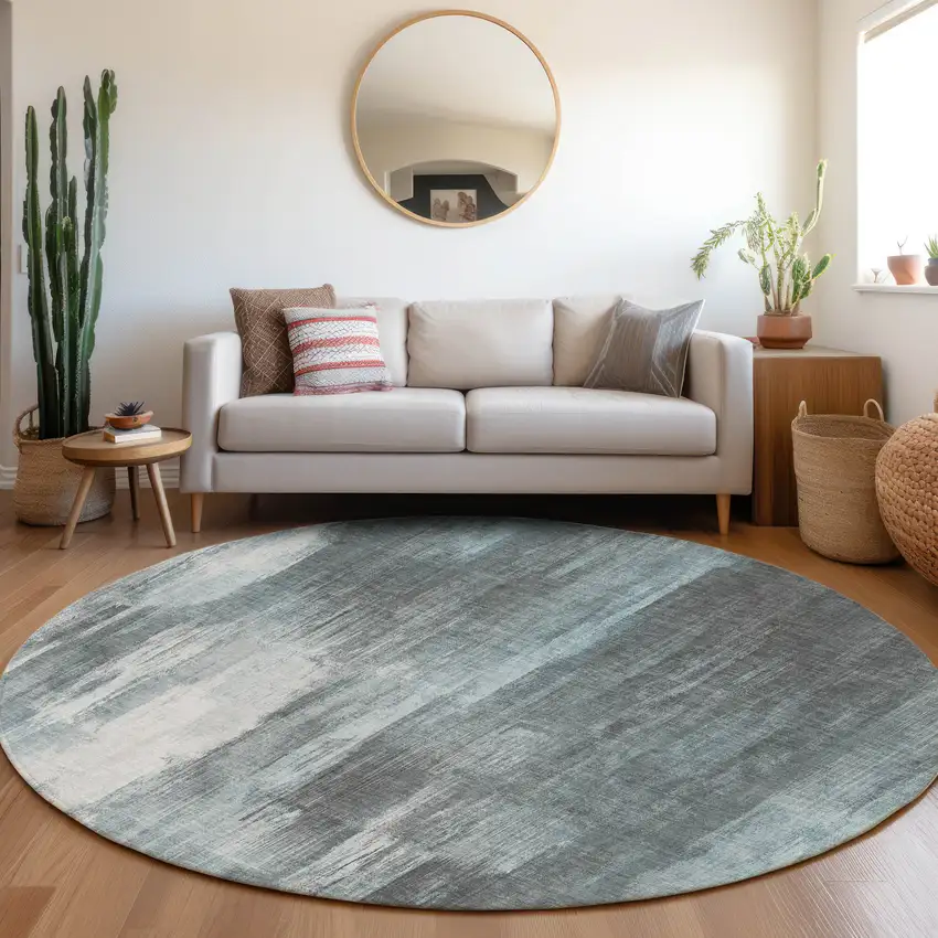 8' Round Teal Round Abstract Washable Non Skid Indoor Outdoor Area Rug Photo 9