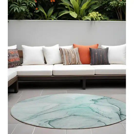 Teal Round Abstract Washable Non Skid Indoor Outdoor Area Rug Photo 1