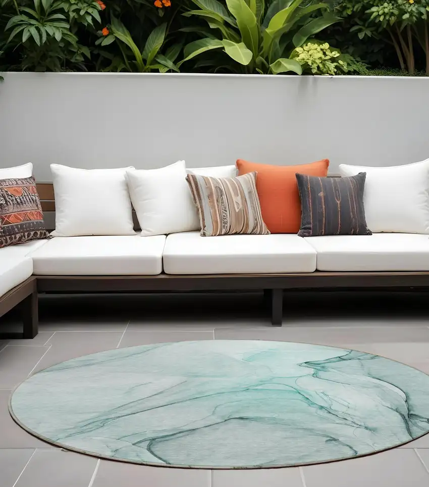 Teal Round Abstract Washable Non Skid Indoor Outdoor Area Rug Photo 1