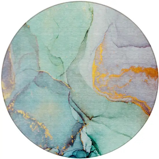 8' Round Teal Round Abstract Washable Non Skid Indoor Outdoor Area Rug Photo 2
