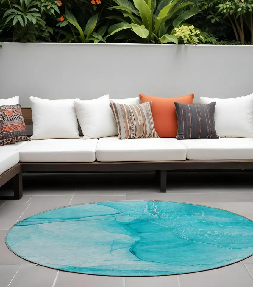 8' Round Teal Round Abstract Washable Non Skid Indoor Outdoor Area Rug Photo 1