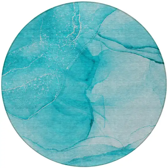 Teal Round Abstract Washable Non Skid Indoor Outdoor Area Rug Photo 5