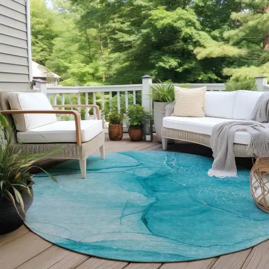 Teal Round Abstract Washable Non Skid Indoor Outdoor Area Rug Photo 8
