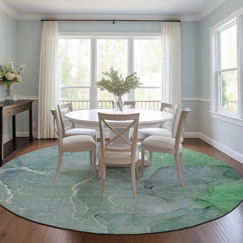 Teal Round Abstract Washable Non Skid Indoor Outdoor Area Rug Photo 9