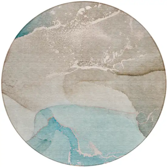 Teal Round Abstract Washable Non Skid Indoor Outdoor Area Rug Photo 2