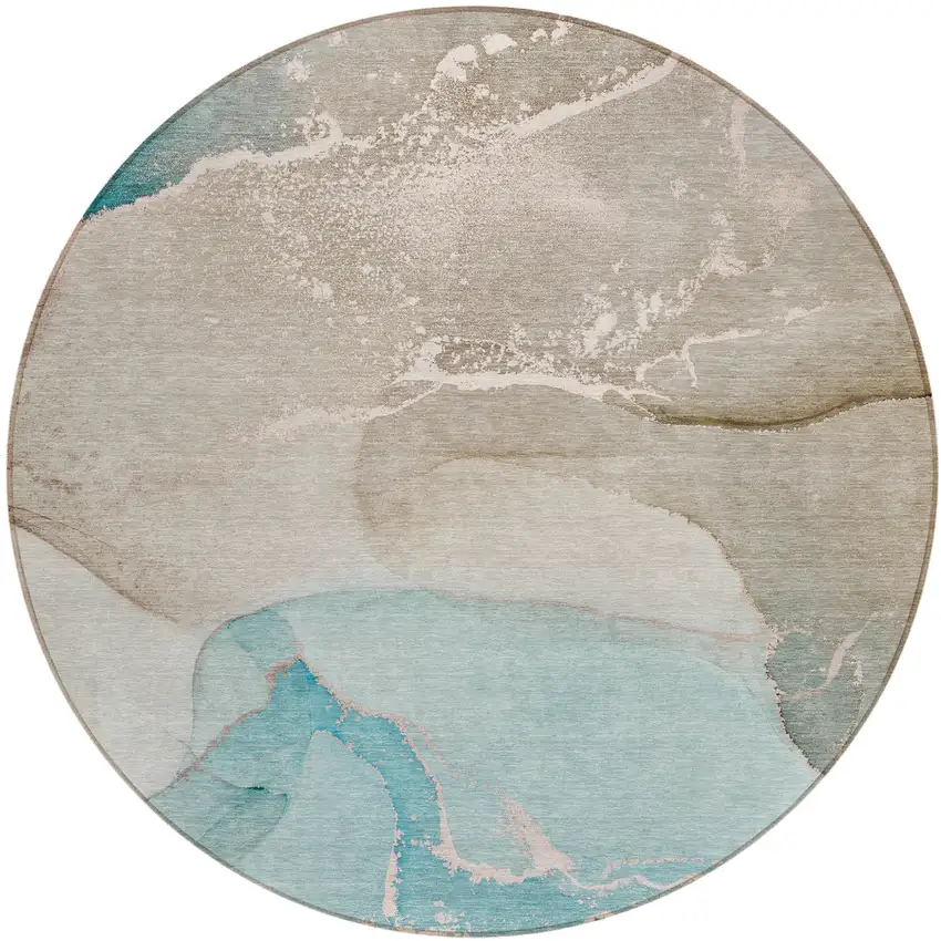 Teal Round Abstract Washable Non Skid Indoor Outdoor Area Rug Photo 2