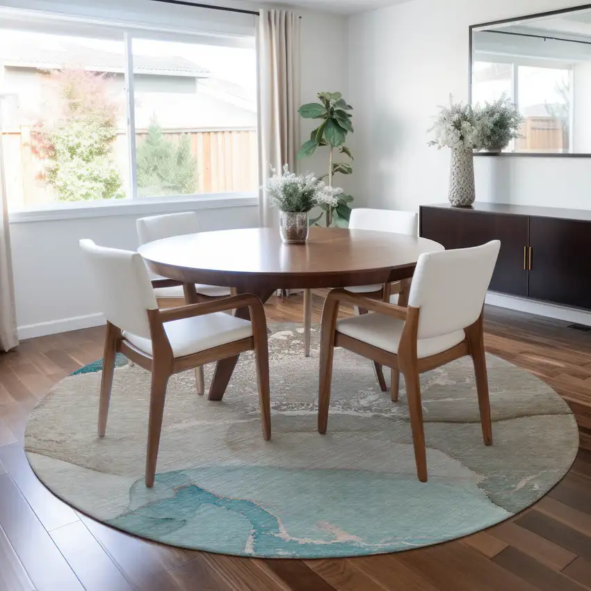 Teal Round Abstract Washable Non Skid Indoor Outdoor Area Rug Photo 9