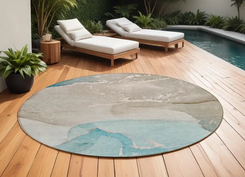 8' Round Teal Round Abstract Washable Non Skid Indoor Outdoor Area Rug Photo 1