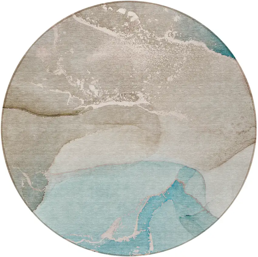 8' Round Teal Round Abstract Washable Non Skid Indoor Outdoor Area Rug Photo 5