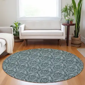 Photo of 8' Round Teal Round Damask Washable Non Skid Indoor Outdoor Area Rug