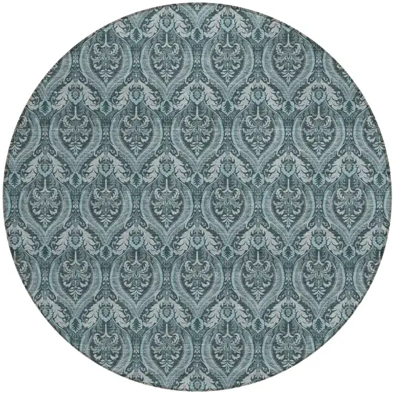 Teal Round Damask Washable Non Skid Indoor Outdoor Area Rug Photo 2