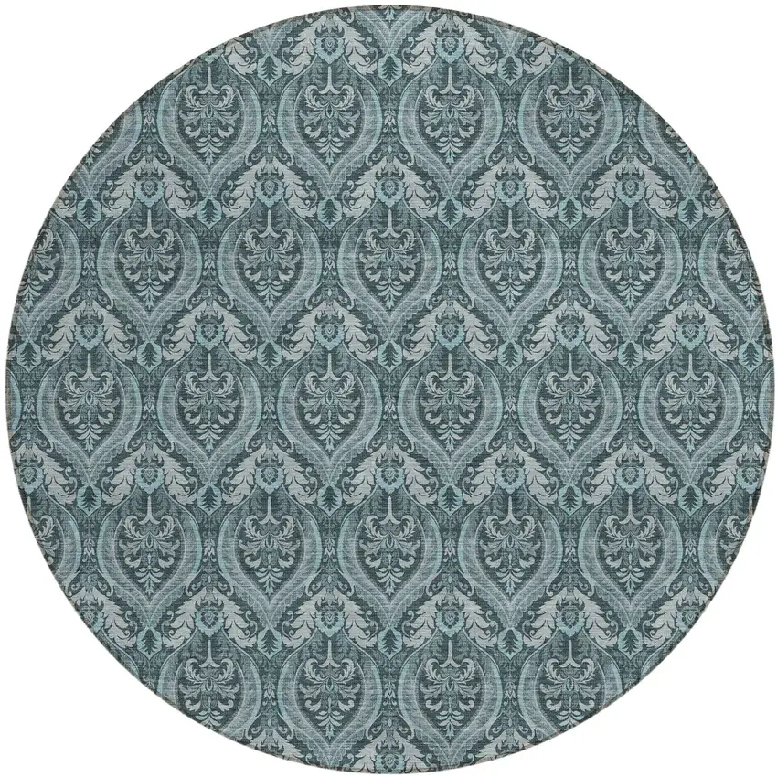 Teal Round Damask Washable Non Skid Indoor Outdoor Area Rug Photo 2
