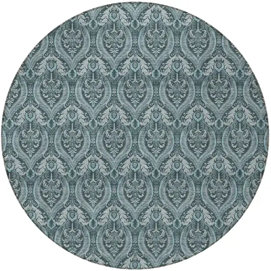 Teal Round Damask Washable Non Skid Indoor Outdoor Area Rug Photo 4