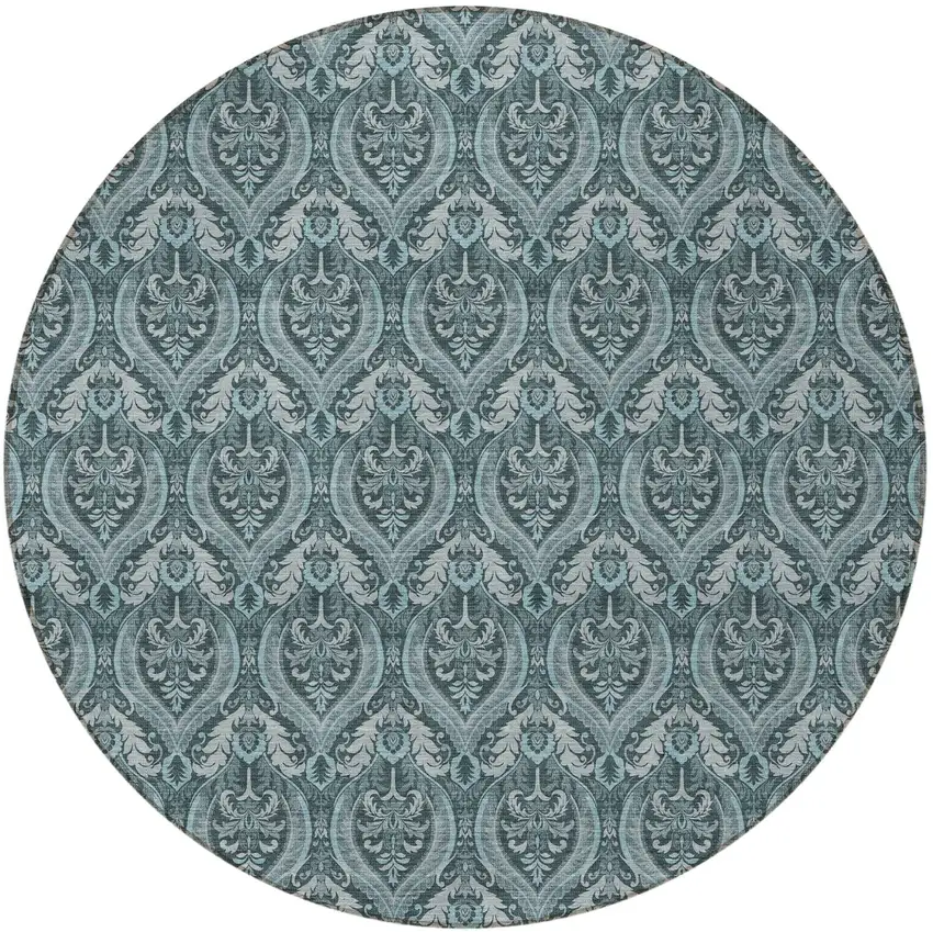 Teal Round Damask Washable Non Skid Indoor Outdoor Area Rug Photo 4