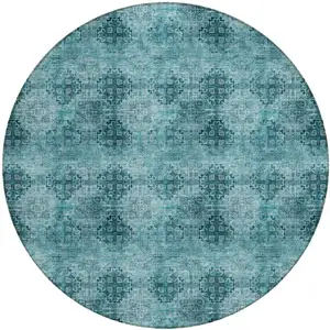 Photo of 8' Round Teal Round Floral Medallion Washable Non Skid Indoor Outdoor Area Rug