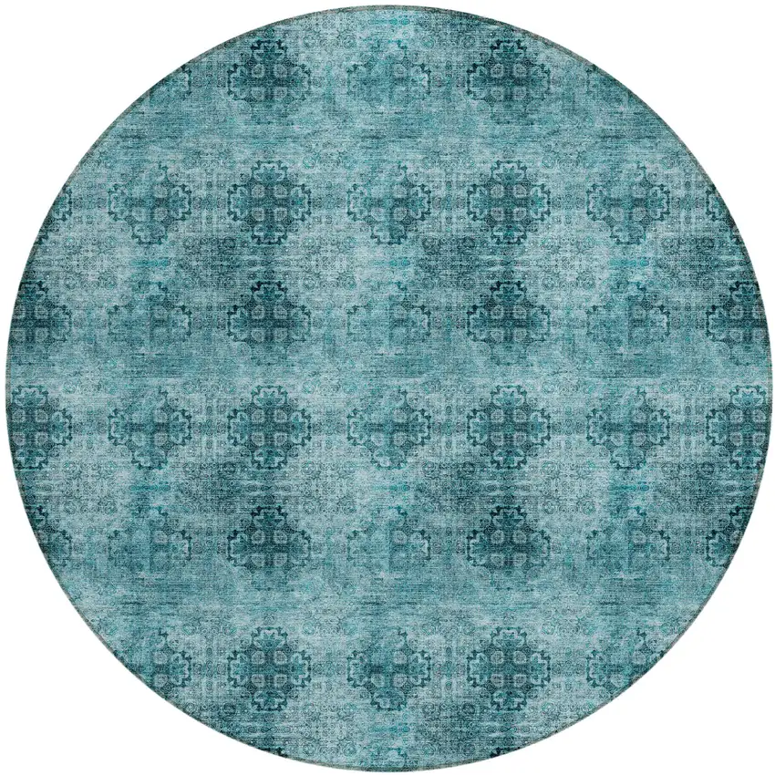 Teal Round Floral Medallion Washable Non Skid Indoor Outdoor Area Rug Photo 2