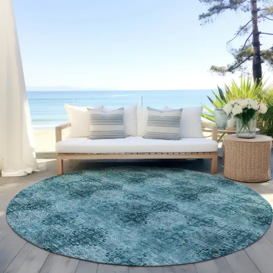 Teal Round Floral Medallion Washable Non Skid Indoor Outdoor Area Rug Photo 6