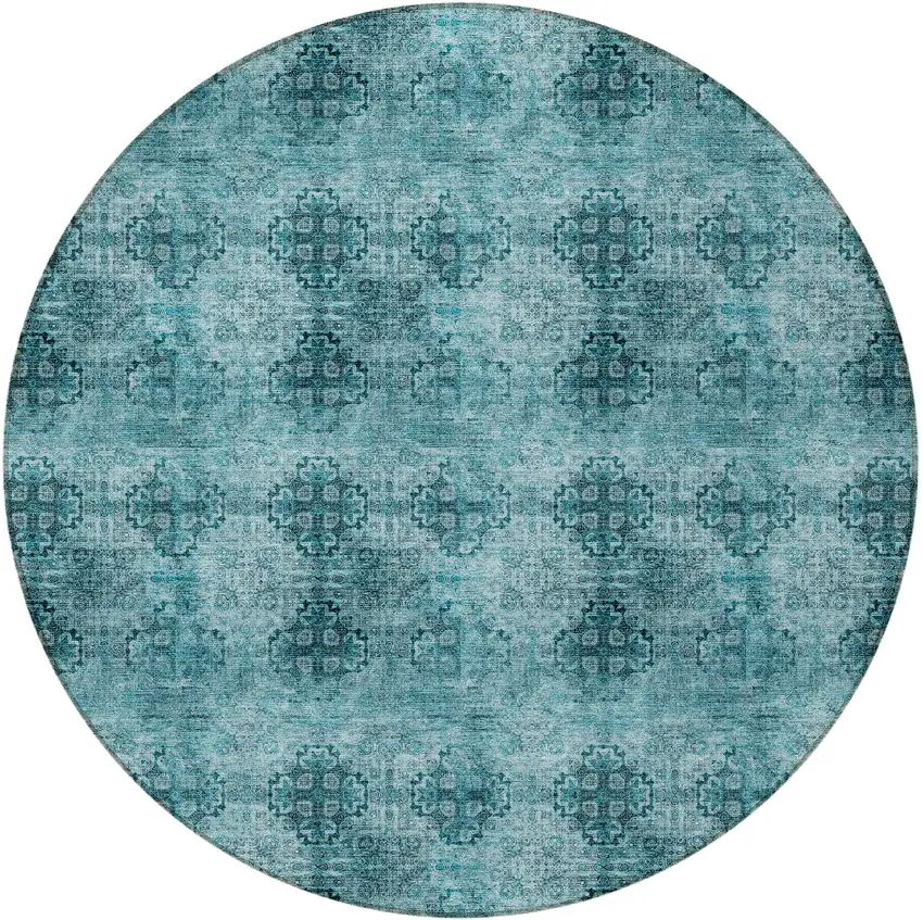 8' Round Teal Round Floral Medallion Washable Non Skid Indoor Outdoor Area Rug Photo 3