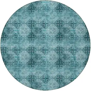 Photo of 8' Round Teal Round Floral Medallion Washable Non Skid Indoor Outdoor Area Rug