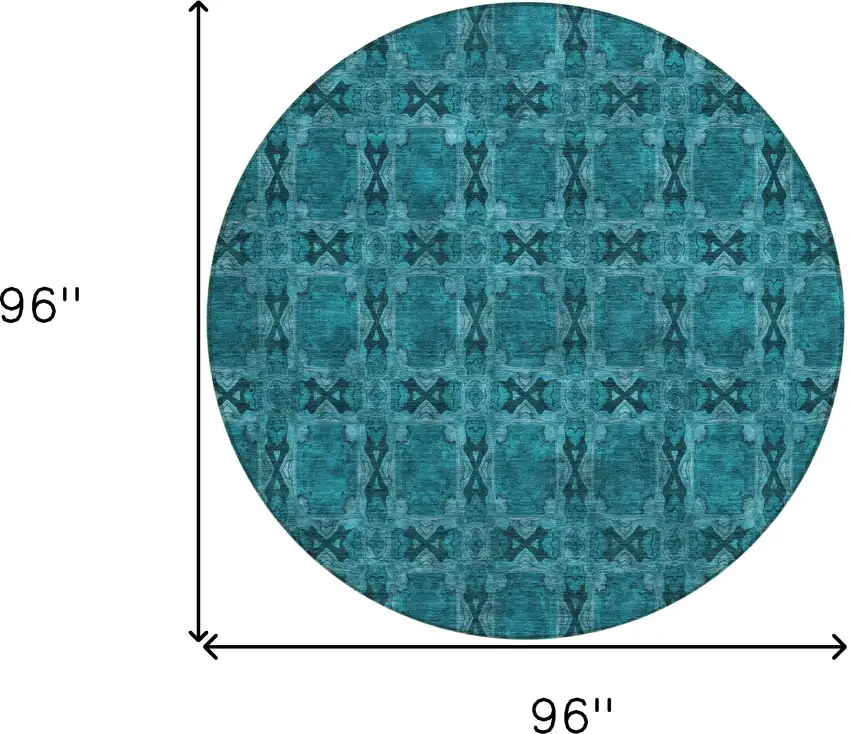 8' Round Teal Round Floral Medallion Washable Non Skid Indoor Outdoor Area Rug Photo 3