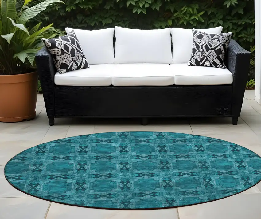 8' Round Teal Round Floral Medallion Washable Non Skid Indoor Outdoor Area Rug Photo 1